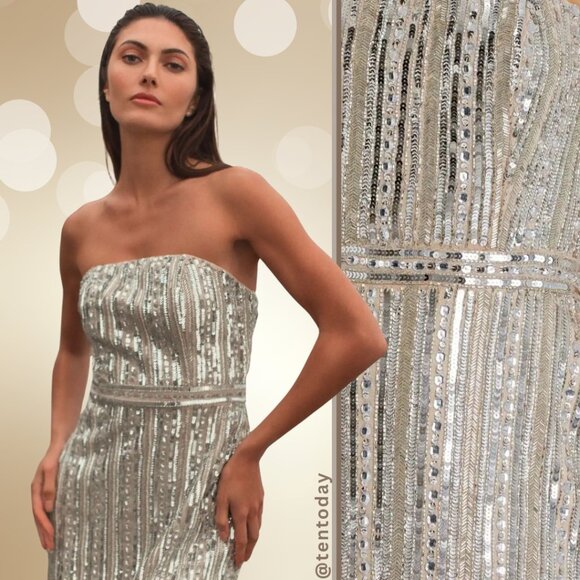 Mac Duggal Size 2 Silver Beige Nude Beaded Sequin Strapless Column Midi Dress - Picture 1 of 5